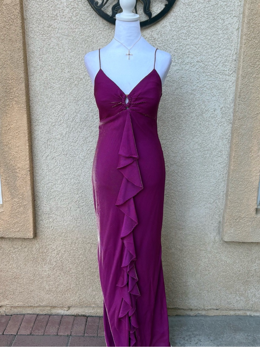 De Laru Fuschia Purple Gold Shift Ruffle Detail Dress Y2K Formal Dressy
